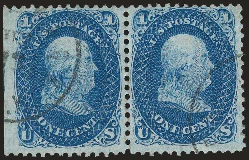 1c Blue, Laid Paper (63c).> Horizontal pair, natural s.e. at left, rich color and detailed impression, clear vertical laid lines, right stamp small tear at top<><>^FINE-VERY FINE APPEARANCE. A RARE PAIR OF THE
ONE-CENT 1861 ISSUE ON VERTICALLY LAID