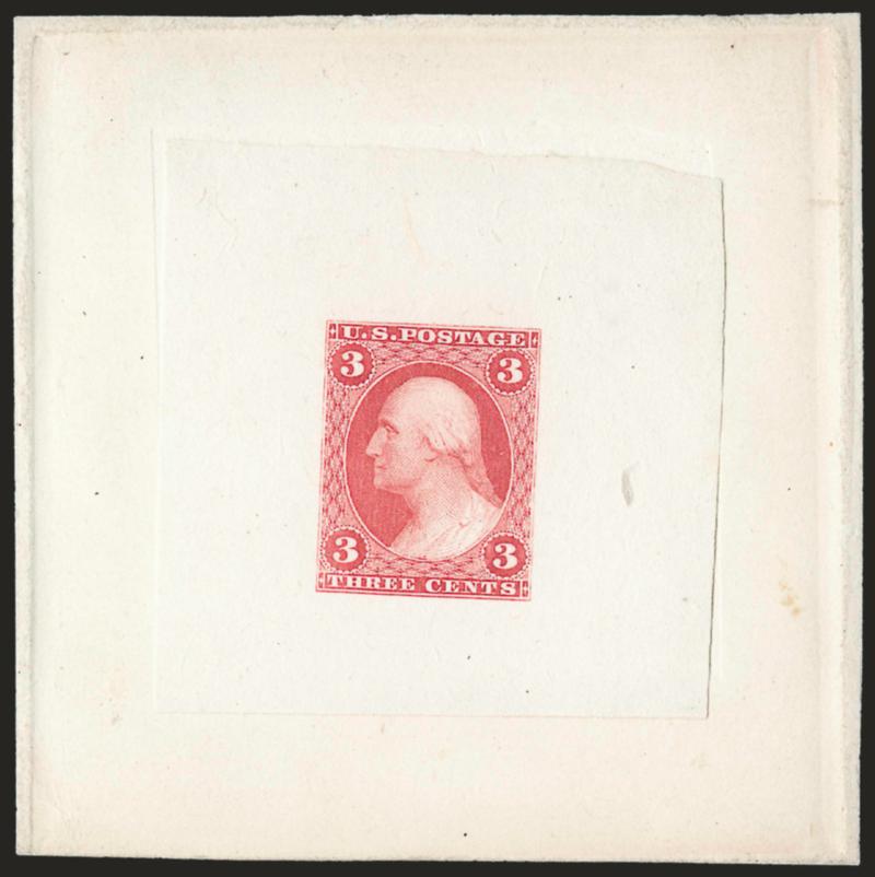 3c Carmine, Die Essay on India (65-E4a).> On 79 x 79mm card showing the die sinkage area, vibrant color<><>^VERY FINE AND CHOICE EXAMPLE OF THIS RARE ESSAY PREPARED FOR THE 1861 ISSUE.^<><>Ex Finkelburg.
Undercatalogued in Scott at $1,500.00, whi