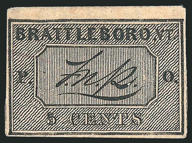 Brattleboro Vt., 5c Black on Buff (5X1).> Position 3, large to huge margins incl. <sheet margin at top,> crisp impression, faint red ms. control mark at left, thinned, vertical crease at right<><>^EXTREMELY FINE
APPEARANCE. AN OUTSTANDING RARITY FR