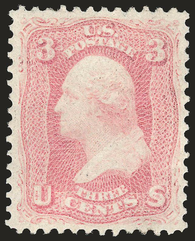 3c Pink (64).> Original gum, lightly hinged, bright color in the true Pink shade, choice centering with well-proportioned margins<><>^EXTREMELY FINE ORIGINAL-GUM EXAMPLE OF THE 1861 3-CENT PINK. ONE OF THE RAREST
1861 ISSUE SHADES IN THIS CHOICE OR