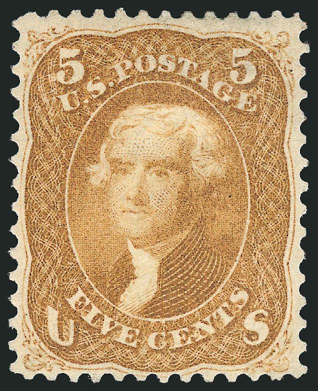 5c Buff (67).> Unused (no gum), bright color, well-balanced margins<><>^VERY FINE AND CHOICE. A SCARCE SOUND AND CENTERED UNUSED EXAMPLE OF THE 1861 5-CENT BUFF.^<><>With 1994 P.F. certificate