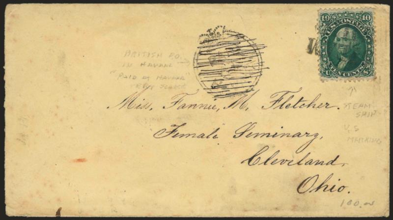 10c Yellow Green (68).> Rich color, few tiny perf flaws, tied by <STEAMSHIP> two-line handstamp on cover to Cleveland O. <originating in Havana, Cuba,> well-struck <Paid at Havana crown-circle handstamp> crossed
out, Havana JA 15, 1863 backsta