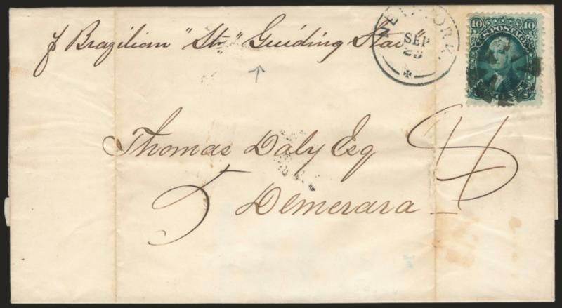 10c Yellow Green (68).> Rich color, tied by circle of wedges, New York Sep. 20 circular datestamp on 1867 folded letter <to Demerara, British Guiana,> clear St. Thomas SP 30, 1867 and Georgetown backstamps, ms. 4
crossed out and re-rated 5, s