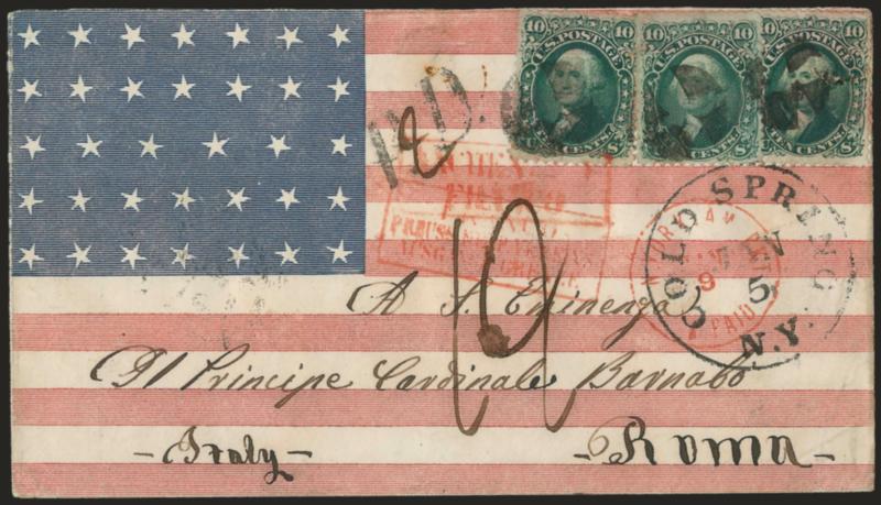 10c Yellow Green (68).> Three, tied by quartered corks and by well-struck Cold Spring N.Y. Jan. 5 circular datestamp on red and blue <34-Star all-over flag Patriotic cover to Rome, Italy,> red boxed Aachen Franco
also ties left stamp, red N. Yor