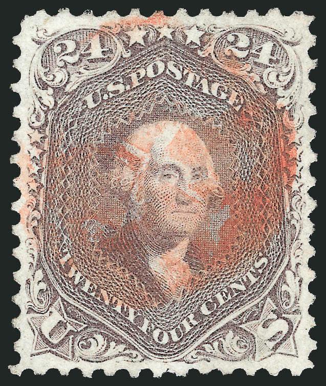 24c Red Lilac (70).> Perfectly centered with wide margins, bright color and detailed impression nicely contrasted by <red> cancel<><>^EXTREMELY FINE GEM. A SUPERB USED EXAMPLE OF THE 1861 24-CENT RED LILAC ISSUE
AND ESPECIALLY DESIRABLE WITH THE RE
