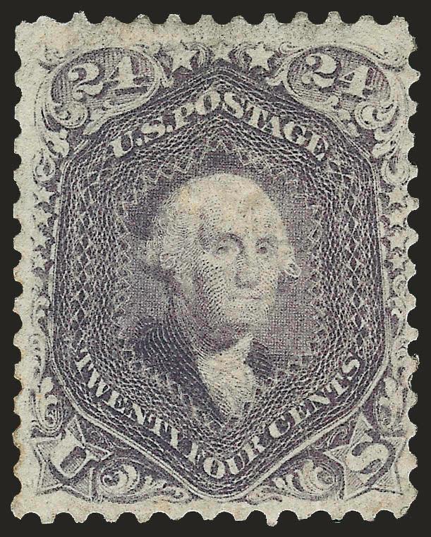 24c Violet, Thin Paper (70c).> Original gum, magnificent color and well-centered, reperfed at left<><>^FINE APPEARANCE. the 1861 24-CENT VIOLET IS AN EXTREMELY RARE UNUSED STAMP IN ANY CONDITION, ESPECIALLY WITH
ORIGINAL GUM.^<><>With 2008 P.S.E.