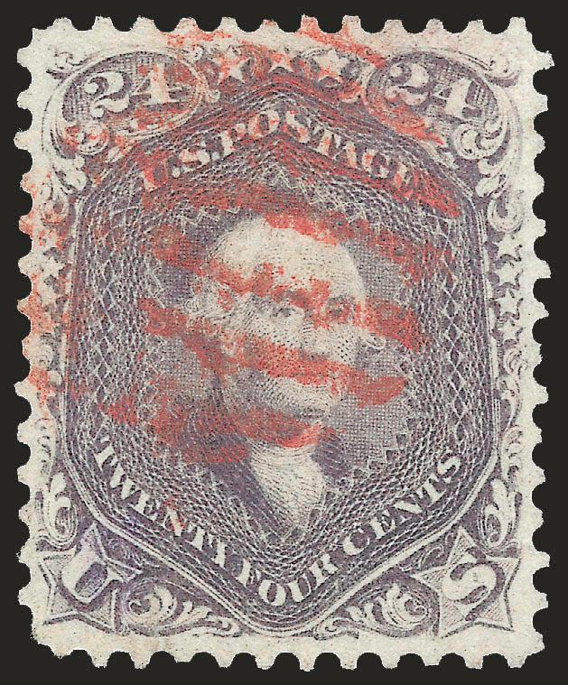 24c Violet, Thin Paper (70c).> Brilliant color nicely complemented by <red New York grid> cancel, gorgeous centering with wide and balanced margins<><>^EXTREMELY FINE GEM. THIS STUNNING EXAMPLE OF THE 1861
24-CENT VIOLET ON THIN PAPER HAS BEEN GRAD