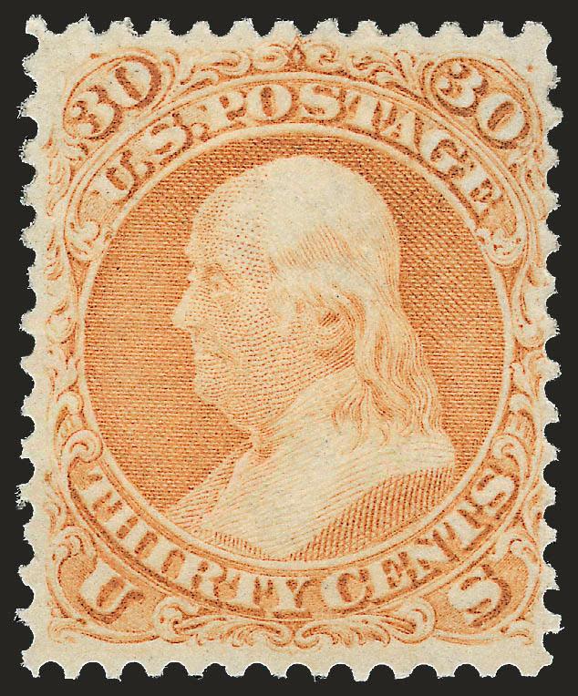 30c Orange (71).> Original gum, lightly hinged, vivid color, beautiful centering with well-proportioned margins<><>^VERY FINE AND CHOICE. AN EXCEPTIONALLY FRESH ORIGINAL-GUM EXAMPLE OF THE 30-CENT 1861
ISSUE.^<><>With 2007 P.F. certificate