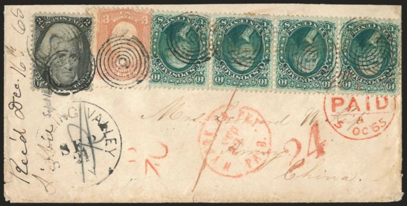 10c Yellow Green (68).> Horizontal strip of four, <used with 3c Rose (65) and 2c Black (73),> tied by targets, Spring Valley N.Y. Sep. 21 circular datestamp on 1865 cover <to Amoy, China,> red N. York Am. Pkt.
Paid Sep. 23 circular datestamp, Lon