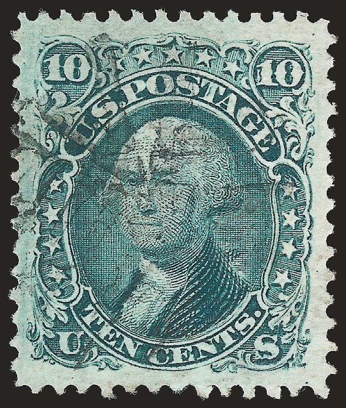 10c Green, E. Grill (89).> Perfectly centered with Jumbo margins, radiant color and detailed impression on crisp paper, unobtrusive strike of cork cancel<><>^EXTREMELY FINE GEM. THIS MAGNIFICENT USED EXAMPLE OF
THE 1868 10-CENT E GRILL HAS BEEN GRA