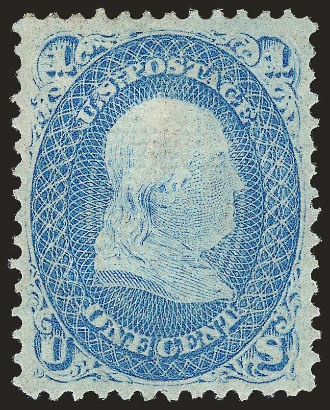 1c Blue, F. Grill, Very Thin Paper (92 var).> Original gum, distinctive bright shade on semi-transparent paper, balanced margins all around with near-perfect centering<><>^EXTREMELY FINE. A SUPERB EXAMPLE OF THE
1868 ONE-CENT F GRILL WITH ORIGINAL