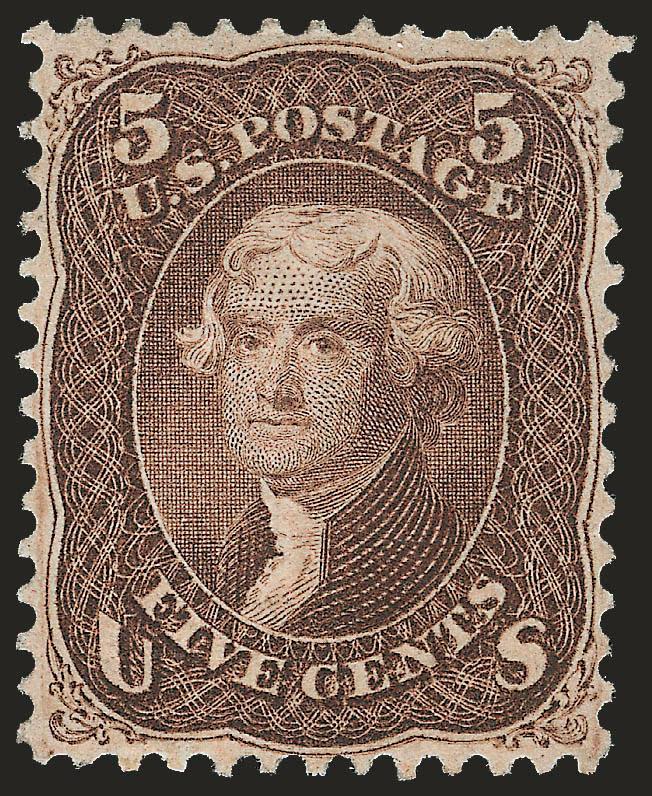 5c Brown, F. Grill (95).> Original gum, lightly hinged, clearly-defined grill, deep rich shade, choice centering for this difficult issue<><>^EXTREMELY FINE. A GORGEOUS ORIGINAL-GUM EXAMPLE OF THE 1868 5-CENT F
GRILL IN A REMARKABLY FRESH STATE OF