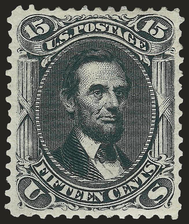 15c Black, Re-Issue (108).> Original gum, intense shade and impression on bright paper, choice centering<><>^EXTREMELY FINE. A BEAUTIFUL ORIGINAL-GUM EXAMPLE OF THE 15-CENT 1861 RE-ISSUE.^<><>With 1995 P.F. and
2008 P.S.E. certificates (OGph, XF