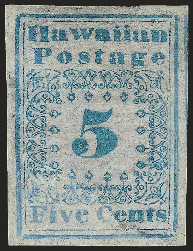 1851, 5c Blue (2).> Type I (left-hand position in form), unused (no gum), repaired with portions of paper and design added at lower left and along right side, two tears (one interior)<><>^ONE OF TWELVE RECORDED
UNUSED EXAMPLES OF THE HAWAIIAN 1851