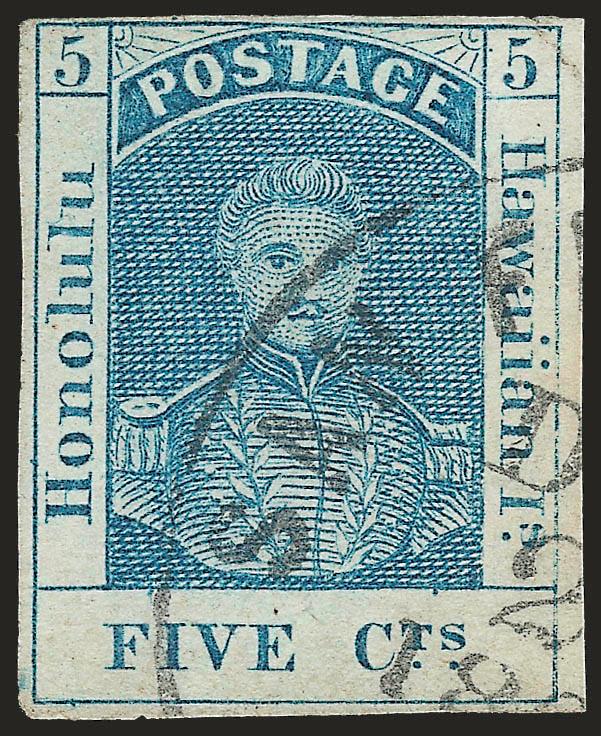 1857, 5c Blue, Thin White Wove (8).> Large margins to clear, bright color, neat strike of San Francisco circular datestamp, tiny corner crease at top right, Very Fine appearance