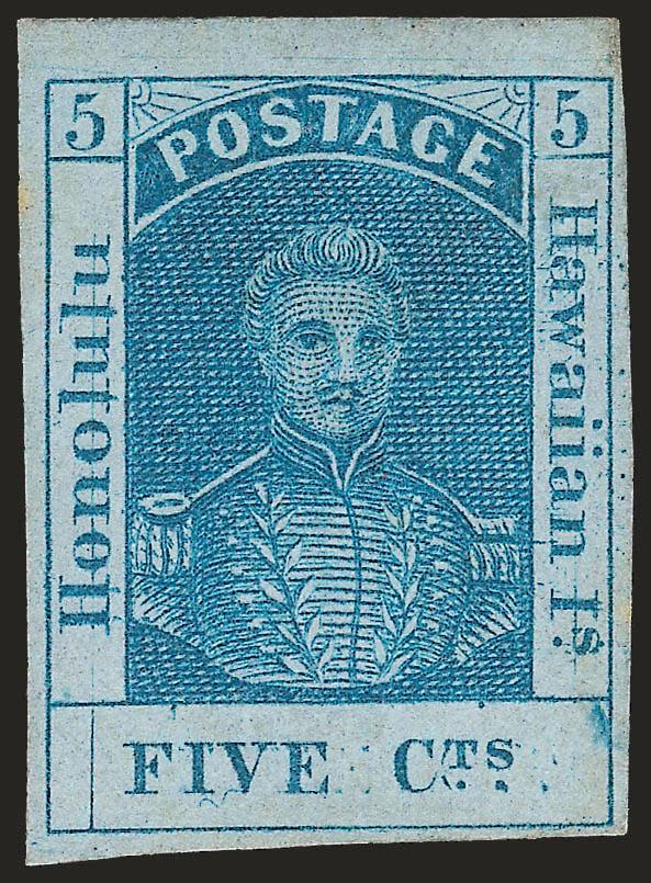 1861, 5c Blue, Line Thru Honolulu (9a).> Position 2, huge margins to full incl. <sheet margin at top,> original gum, bright color, Very Fine and choice example of this distinct variety, with 2007 P.F.
certificate