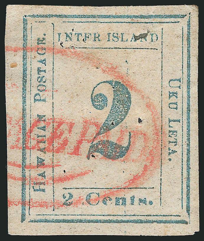 1859, 2c Light Blue, Bluish White (13).> Plate 3-A, Type IV (Westerberg Position 4), huge margins, cancelled by red <Postage Paid in oval> handstamp, somewhat defective with several holes, otherwise Very Fine,
attractive with such wide margins