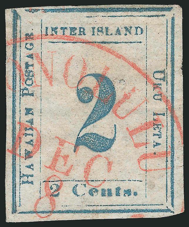 1859, 2c Light Blue, Bluish White (13).> Plate 3-A, Type VI (Westerberg Position 6), large margins to clear, bright color nicely complemented by red Honolulu circular datestamp of December 8, expertly repaired,
Very Fine appearance