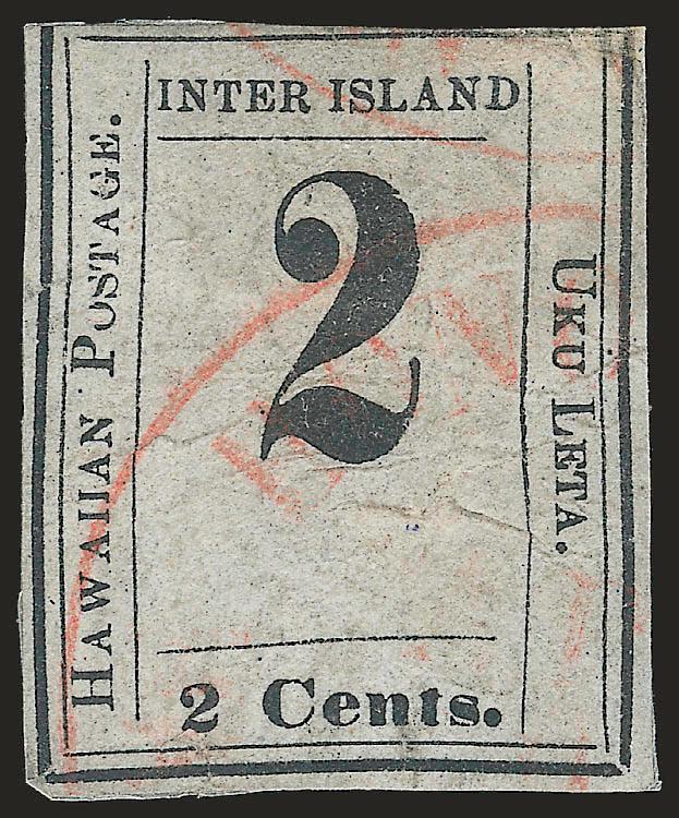 1863, 2c Black, 2 at Top (16a).> Plate 3-E, Type IX (Westerberg Position 9), full margins on three sides, in at top, light strike of red Honolulu circular datestamp, faulty, Fine appearing example of this
variety