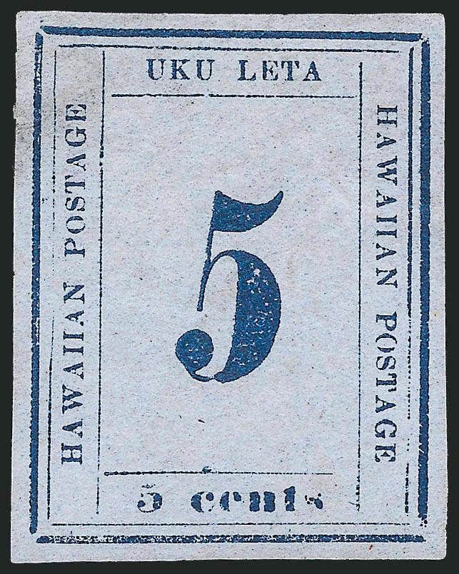 1865, 5c Blue on Blue (21).> Five, Plate 9-A, Westerberg Positions 3, 4, 6, 9 and 10, unused (no gum), large margins to just touched on one, faulty, still Fine-Very Fine appearing group