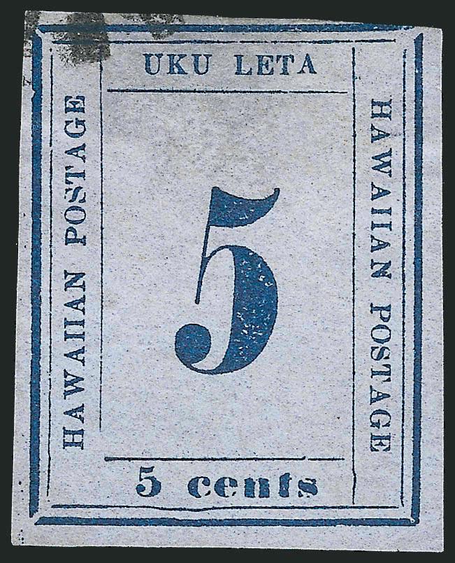 1865, 5c Blue on Blue (21).> Plate 9-A, Type IV (Westerberg Position 8), large margins to just in, trace of San Francisco cogwheel cancel at top left, Fine