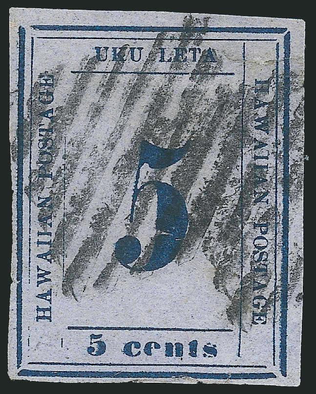 1865, 5c Blue on Blue (21).> Six, Westerberg Positions 1, 3, 5, 6, 9 and 10, large margins to just in, each used, five with square grids, one with target, some flaws, appear Fine