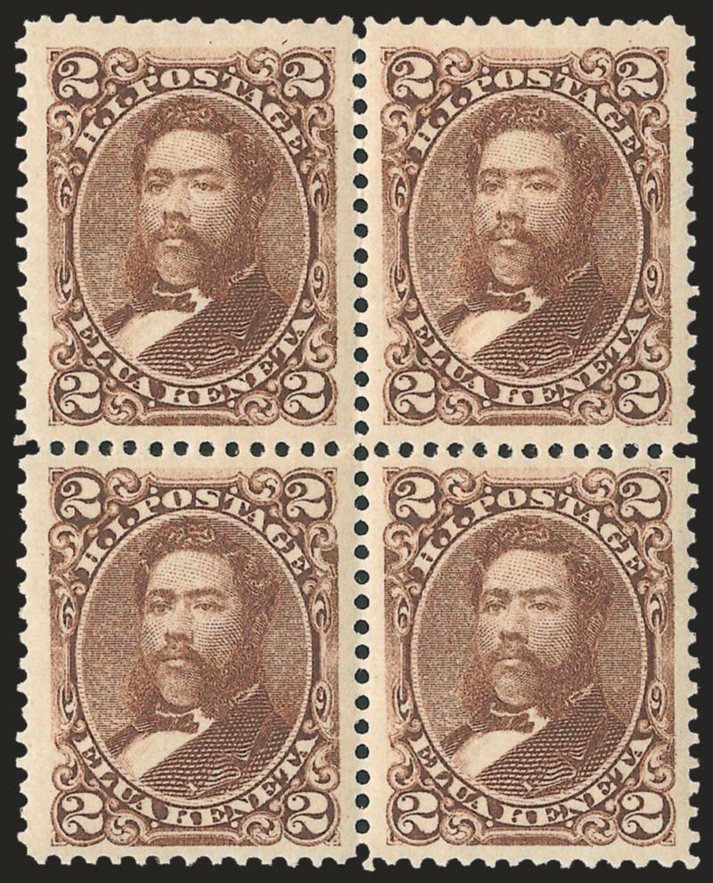 1864-86, 1c-18c Royal Portraits (31-31, 33a, 34-35).> Blocks of four, original gum except 18c few traces of tropicalized original gum, few flaws incl. one 2c defective at top, otherwise Fine