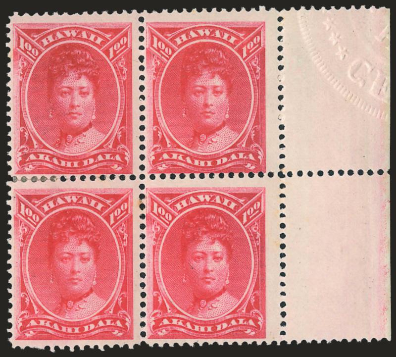 1883, $1.00 Rose Red (49).> Block of four with <selvage at right,> original gum, small h.r. at left where few perf separations sensibly reinforced, with <embossed impression> in selvage, radiant color, small
toned spot between bottom stamps, otherwis