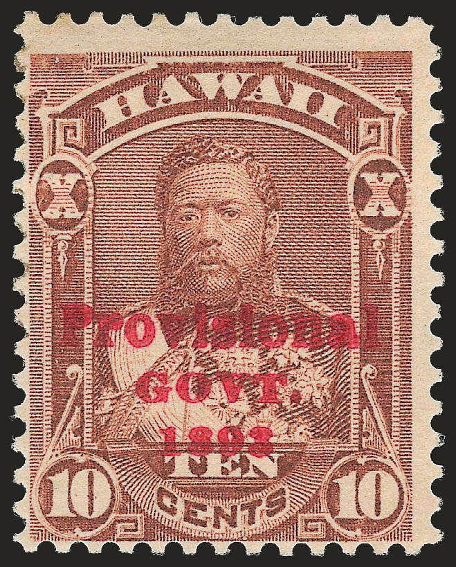 1893, 10c Red Brown, Red Overprint Error (61B).> Position 37, original gum, h.r., bright shade, completely sound<><>^FINE. AN EXTREMELY RARE SOUND ORIGINAL-GUM EXAMPLE OF THE 1893 10-CENT RED OVERPRINT ERROR.
ONLY ONE SHEET OF FIFTY WAS ISSUED.^<>