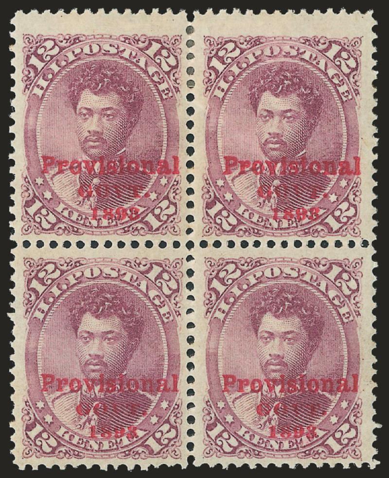 1893, 12c Red Lilac, Red Ovpt. (63).> Block of four, original gum, h.r. at top, bottom right stamp Mint N.H., bright shade, Fine-Very Fine