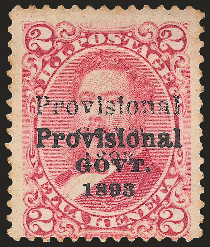 1893, 2c Rose, Category II Double Ovpt. (66e).> Original gum, brilliant color, clear second overprint, some staining around perforation<><>^FINE APPEARING ORIGINAL-GUM EXAMPLE OF THE 2-CENT ROSE WITH DOUBLE
OVERPRINT. VERY FEW ARE KNOWN.^<><>Ex K