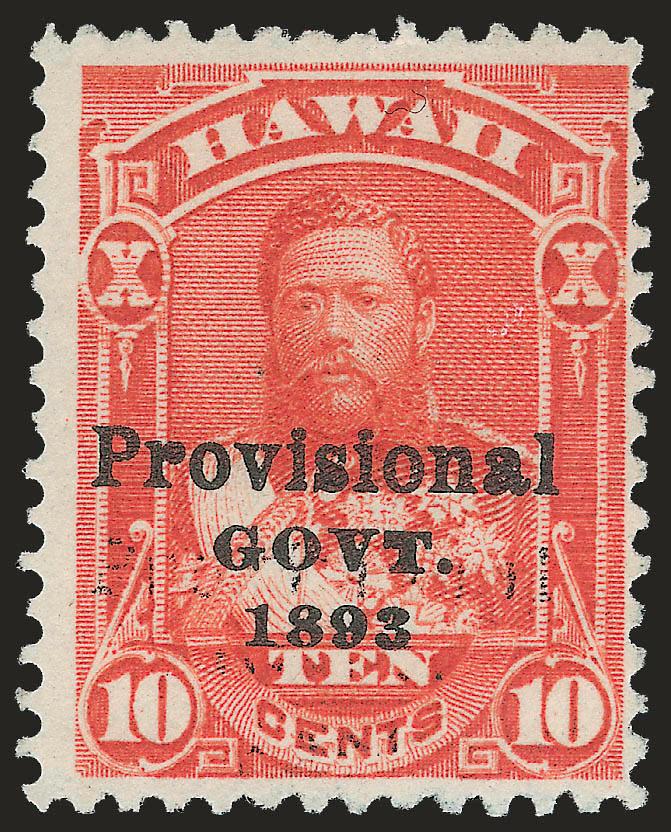 1893, 10c Vermilion, Category III Double Ovpt. (67f).> Unused (no gum), radiant color, fresh and Very Fine, scarce, this is only known with a weak second overprint and this is the first we have ever offered
since keeping computerized records (which i