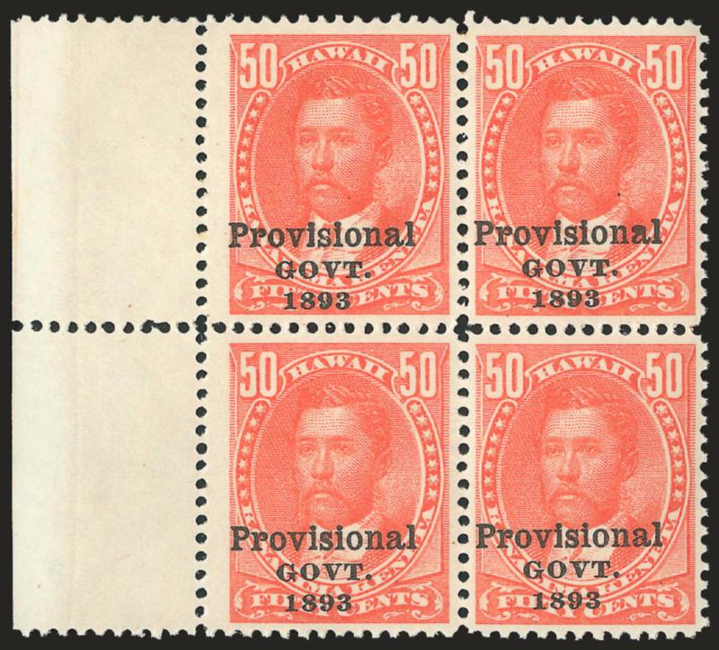 1893, 50c Red, Black Ovpt. (72).> Mint N.H. block of four with <selvage at left,> vibrant color as fresh as the day it was printed, choice centering throughout, Extremely Fine, pencil notation in selvage on
back, Scott Retail as singles