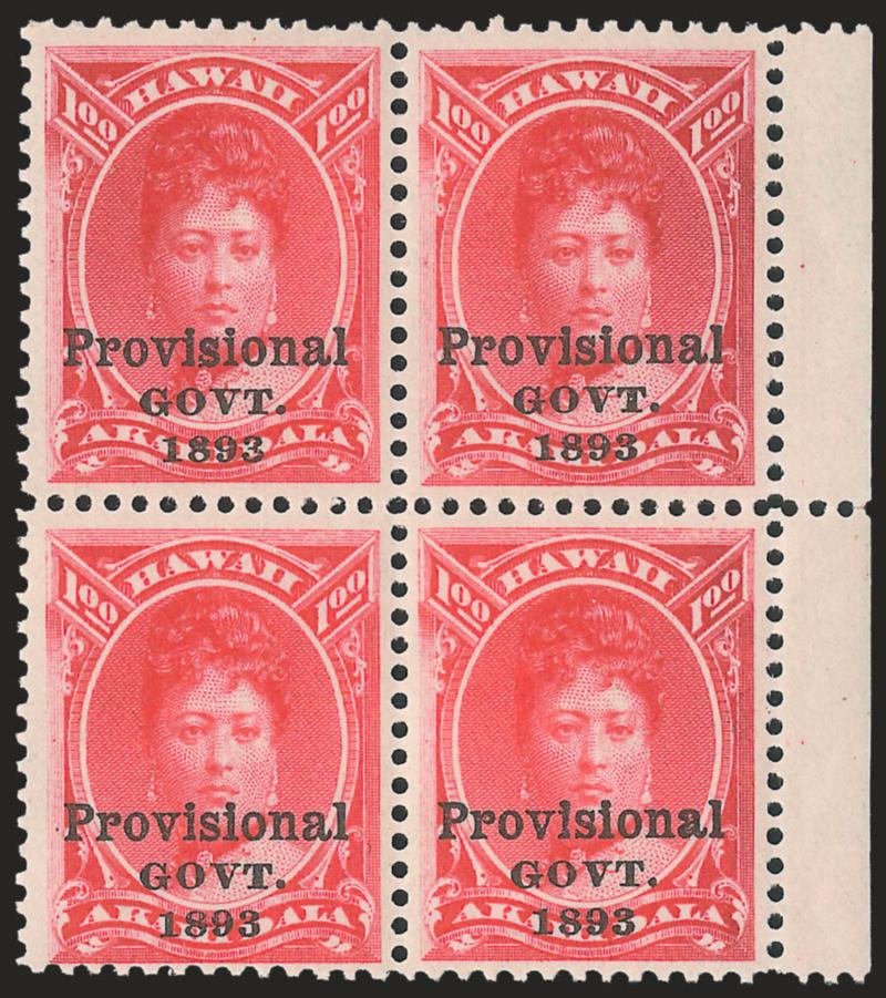 1893, $1.00 Rose Red, Black Ovpt. (73).> Block of four with <selvage at right,> bottom stamps Mint N.H., intense shade and impression, well-balanced margins, Very Fine-Extremely Fine, a gorgeous block, Scott
Retail as singles