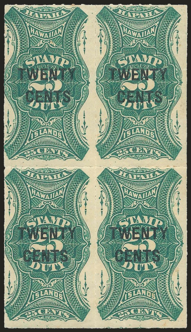 1877, 25c Green, 20c on 25c Green (R1, R7).> Mint N.H. blocks of four, large margins, rich colors, coupe slight gum imperfections on latter of little consequence, Very Fine, Scott Retail as singles