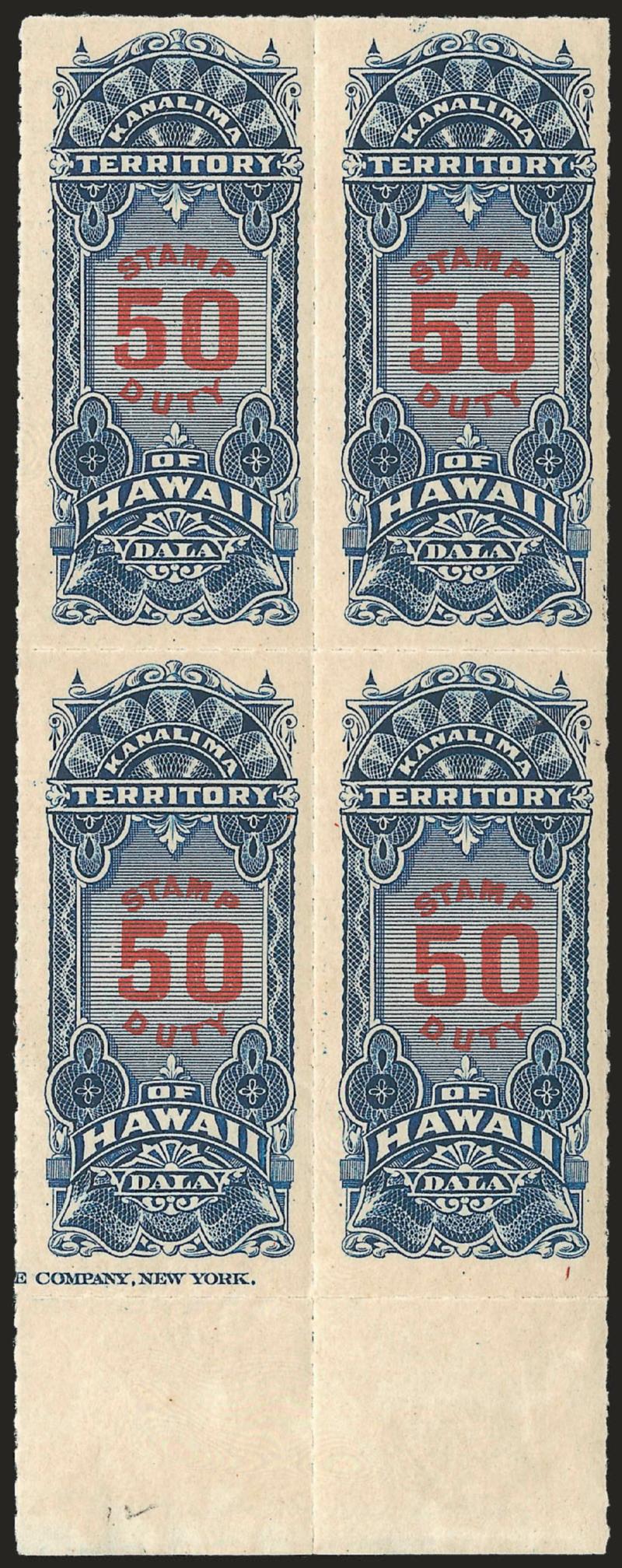 1901, $50.00 Slate Blue & Carmine (R12).> Mint N.H. block of four with bottom selvage, captured imprint, rich color, wide margins, few natural gum skips, Very Fine and choice, Scott Retail as singles