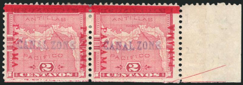 1904, 2c Rose, Panama Reading Down and Up (1d).> Positions 99-100, right stamp the variety, original gum, h.r., natural s.e. at bottom and selvage at right, Very Fine and choice, only 52 stamps with the Panama
reading up and down were printed, of