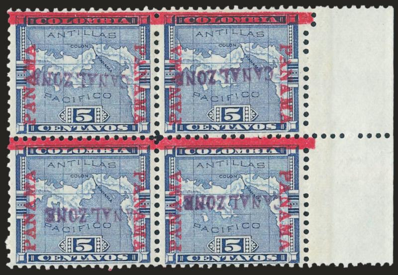 1904, 5c Blue, Canal Zone Inverted (2a).> Right selvage block of four, tropicalized original gum, rich colors<><>^VERY FINE AND CHOICE. AN EXCEEDINGLY RARE BLOCK OF FOUR OF THE 5-CENT BLUE CANAL ZONE INVERTED. A
WONDERFUL SHOWPIECE.^<><>One p