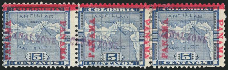 1904, 5c Blue, Canal Zone Double (2b).> Horizontal strip of three, center stamp the error, tropicalized original gum, h.r., right stamp rejoined, left and center stamps with vertical creases at left<><>^FINE
APPEARANCE. A RARE EXAMPLE OF THIS CA