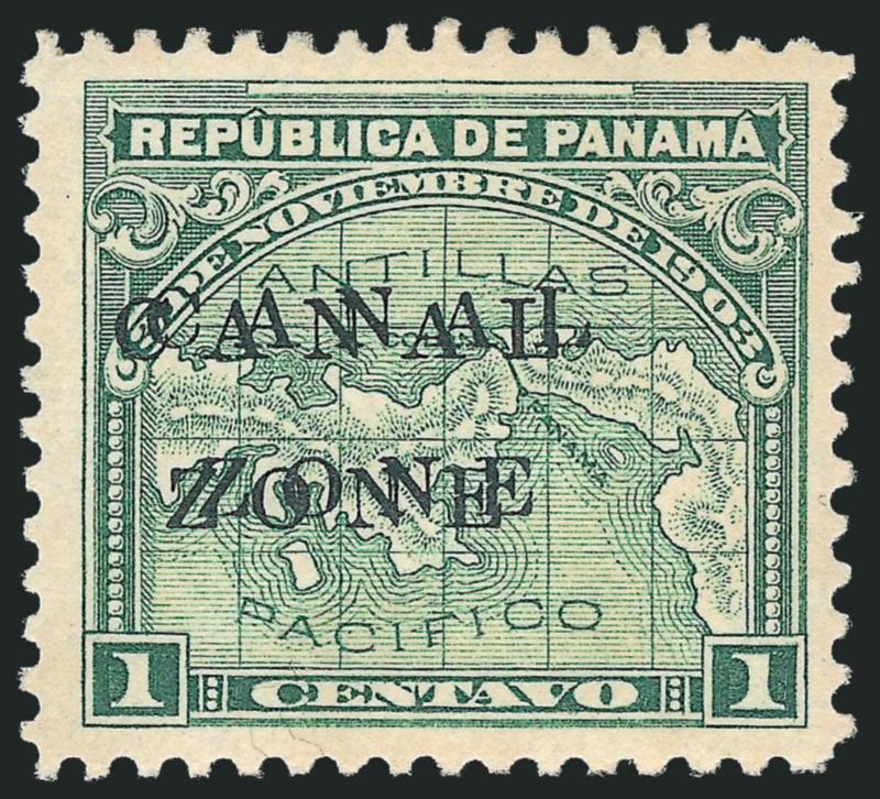 1904, 1c Green, Double Ovpt. (9d).> Original gum, clear doubling of the overprint, pretty color, well-proportioned margins<><>^VERY FINE AND CHOICE. ONE OF THE FINEST EXAMPLES OF THE ONE-CENT 1904 MAP ISSUE WITH
DOUBLE OVERPRINT.^<><>According to