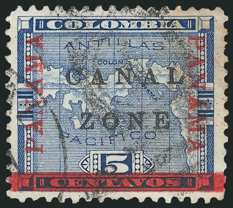 1904, 5c Blue, Panama Inverted, Bar at Bottom (12e).> Choice centering, neat strike of duplex cancel, small corner crease at top left, Very Fine appearance, scarce, only twelve copies are recorded and all are
used, with 2001 P.F. certificate