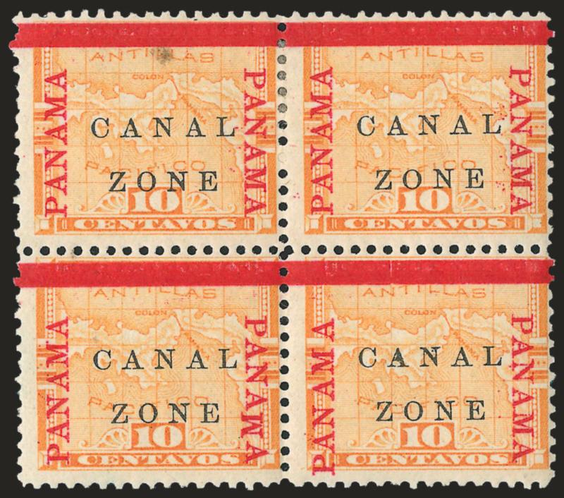 1904, 10c Yellow, Panama 16mm Long (13 var).> Block of four, bottom right stamp the variety, tropicalized original gum, some blue interleaving adheres, top left stamp toned spot at top, otherwise Fine, only 400
were printed