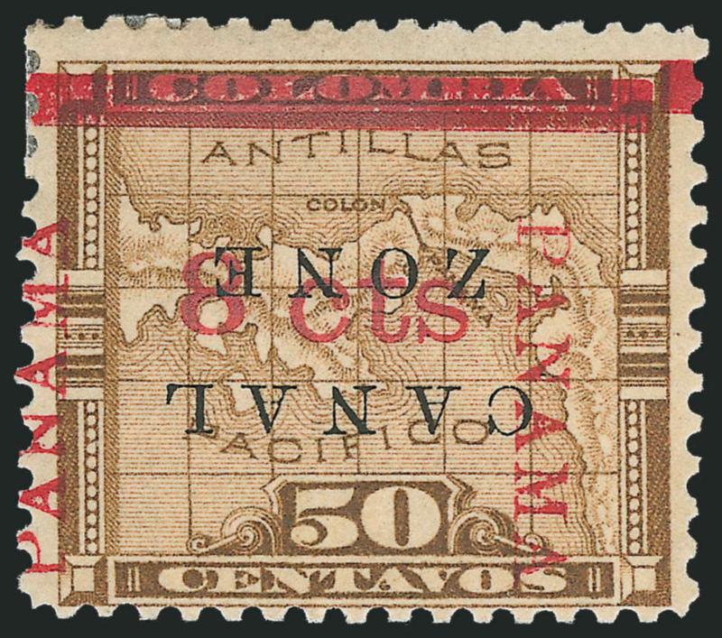 1904, 8c on 50c Bister Brown, Canal Zone Inverted (14b).> Small h.r., crisp impression, fresh and Fine, scarce, according to <<Canal Zone Stamps>>, the two error panes of 100 were sold in 1908 by their original
owner who claimed to have purchased t