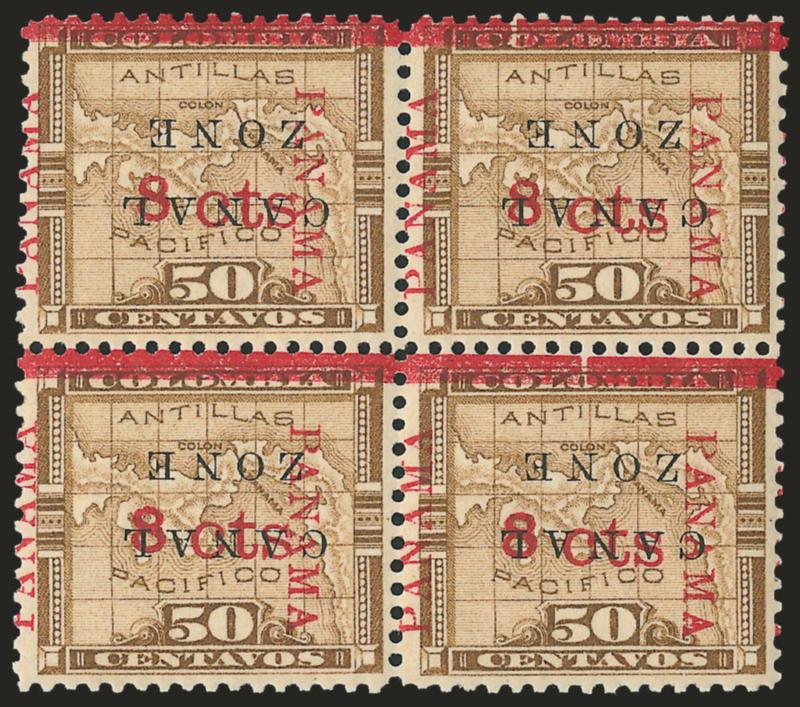 1904, 8c on 50c Bister Brown, Canal Zone Inverted (14b).> Block of four, lightly hinged, deep rich color, Very Fine and choice, a scarce and desirable multiple, according to <<Canal Zone Stamps>> the two error
panes of 100 were sold in 1908 by thei
