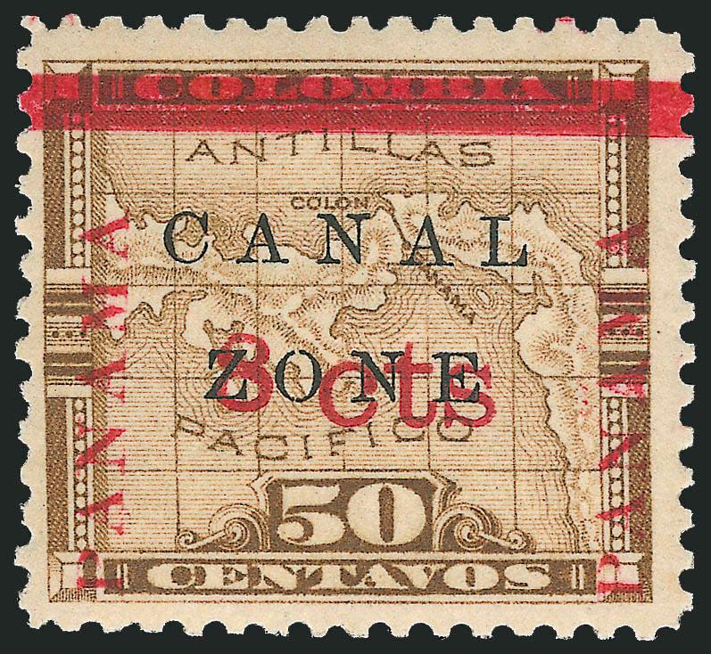 1904, 8c on 50c Bister Brown, Panama 15mm Long (15 var).> Bright colors, lightly hinged, wide margins, Very Fine and choice example of the elongated Panama variety, only 50 were printed, with 1971 A.P.S.
certificate
