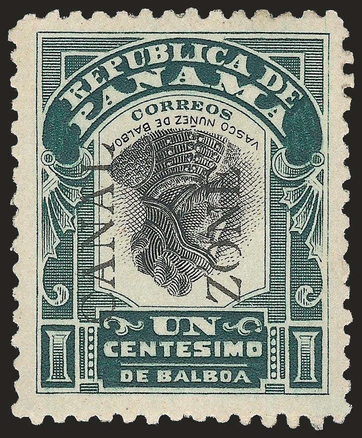 1907, 1c Green & Black, Ovpt. Reading Down, Inverted Center, Ovpt. Reading Up (22g).> Lightly hinged, deep rich colors, wide and balanced margins<><>^EXTREMELY FINE. A SUPERB EXAMPLE OF THE 1907 ONE-CENT BALBOA
WITH INVERTED CENTER AND OVERPRINT RE