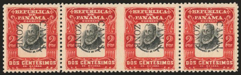 1906, 2c Red & Black, Ovpt. Reading Down,, Horizontal Pair, Imperforate Between (23a).> Horizontal strip of four, middle pair the error, barest trace of what may (or may not) be hinging), deep rich colors, Very
Fine and choice, according to <<Canal Z