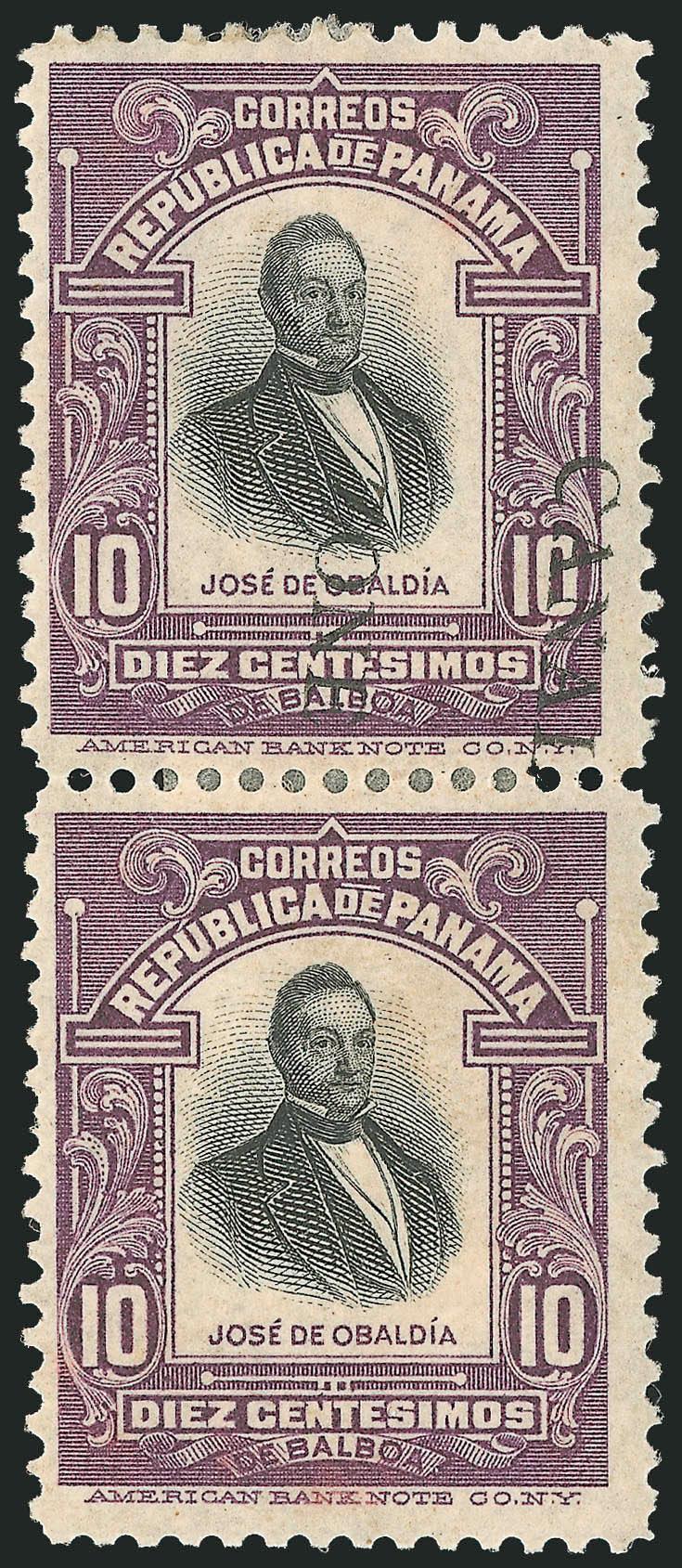 1909, 10c Violet & Black, Ovpt. Reading Down, Vertical Pair, One Without Ovpt. (30b).> Top stamp with overprint shifted to right and bottom stamp missing overprint, traces of original gum, deep rich
colors<><>^VERY FINE AND CHOICE. THE UNIQUE VERTI