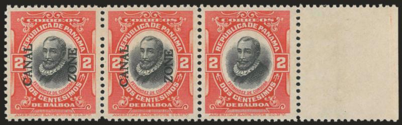 1912, 2c Vermilion & Black, Horizontal Pair, Right Stamp Without Ovpt. (39a).> Single error in strip of three with normal, selvage at right, tropicalized original gum, bright colors, Very Fine and choice, a
total of 30 were printed (including ten whe