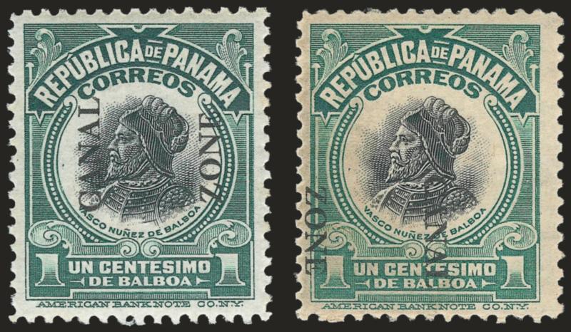 1915, 1c Green & Black, Ovpt. Reading Down (46a).> Two singles: one normal and one the variety, latter tropicalized original gum with small corner perf crease and some soiling, otherwise Fine